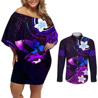 Personalised Hawaii Humuhumu Reef Triggerfish Couples Matching Off Shoulder Short Dress and Long Sleeve Button Shirt Violet With Plumeria LT05 Violet - Polynesian Pride