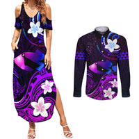 Personalised Hawaii Humuhumu Reef Triggerfish Couples Matching Summer Maxi Dress and Long Sleeve Button Shirt Violet With Plumeria LT05 Violet - Polynesian Pride