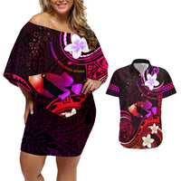 Personalised Hawaii Humuhumu Reef Triggerfish Couples Matching Off Shoulder Short Dress and Hawaiian Shirt Maroon With Plumeria LT05 Maroon - Polynesian Pride