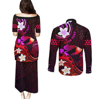 Personalised Hawaii Humuhumu Reef Triggerfish Couples Matching Puletasi and Long Sleeve Button Shirt Maroon With Plumeria LT05 - Polynesian Pride