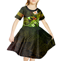 Personalised Hawaii Humuhumu Reef Triggerfish Kid Short Sleeve Dress Reggae With Plumeria LT05 - Polynesian Pride