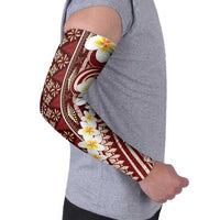 Red Vintage Tonga Ngatu Pattern With Plumeria Arm Sleeves - Polynesian Pride