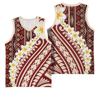 Red Vintage Tonga Ngatu Pattern With Plumeria Basketball Jersey - Polynesian Pride