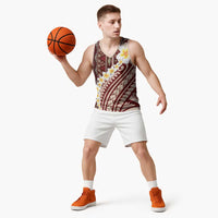 Red Vintage Tonga Ngatu Pattern With Plumeria Basketball Jersey - Polynesian Pride