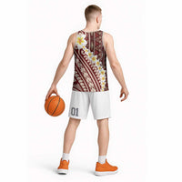 Red Vintage Tonga Ngatu Pattern With Plumeria Basketball Jersey - Polynesian Pride