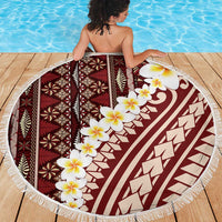 Red Vintage Tonga Ngatu Pattern With Plumeria Beach Blanket - Polynesian Pride