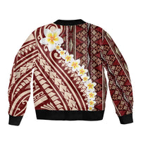 Red Vintage Tonga Ngatu Pattern With Plumeria Bomber Jacket - Polynesian Pride