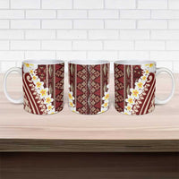 Red Vintage Tonga Ngatu Pattern With Plumeria Ceramic Mug - Polynesian Pride