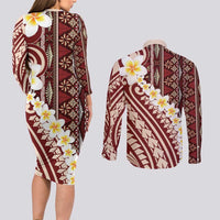 Red Vintage Tonga Ngatu Pattern With Plumeria Couples Matching Long Sleeve Bodycon Dress and Long Sleeve Button Shirt - Polynesian Pride