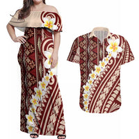 Red Vintage Tonga Ngatu Pattern With Plumeria Couples Matching Off Shoulder Maxi Dress and Hawaiian Shirt - Polynesian Pride