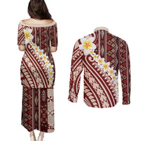 Red Vintage Tonga Ngatu Pattern With Plumeria Couples Matching Puletasi and Long Sleeve Button Shirt - Polynesian Pride