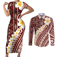 Red Vintage Tonga Ngatu Pattern With Plumeria Couples Matching Short Sleeve Bodycon Dress and Long Sleeve Button Shirt - Polynesian Pride