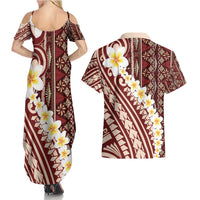 Red Vintage Tonga Ngatu Pattern With Plumeria Couples Matching Summer Maxi Dress and Hawaiian Shirt - Polynesian Pride
