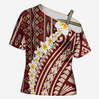 Red Vintage Tonga Ngatu Pattern With Plumeria Cross Shoulder Shirt - Polynesian Pride