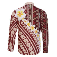 Red Vintage Tonga Ngatu Pattern With Plumeria Family Matching Off The Shoulder Long Sleeve Dress and Hawaiian Shirt - Polynesian Pride