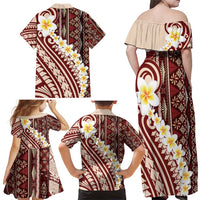 Red Vintage Tonga Ngatu Pattern With Plumeria Family Matching Off Shoulder Maxi Dress and Hawaiian Shirt - Polynesian Pride