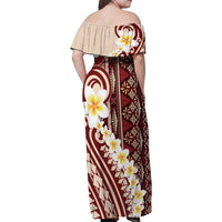 Red Vintage Tonga Ngatu Pattern With Plumeria Family Matching Off Shoulder Maxi Dress and Hawaiian Shirt - Polynesian Pride