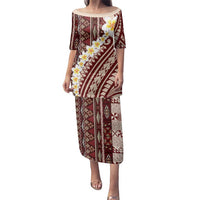 Red Vintage Tonga Ngatu Pattern With Plumeria Family Matching Puletasi and Hawaiian Shirt - Polynesian Pride