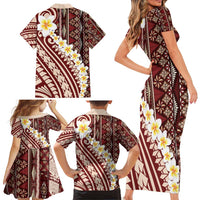 Red Vintage Tonga Ngatu Pattern With Plumeria Family Matching Short Sleeve Bodycon Dress and Hawaiian Shirt - Polynesian Pride