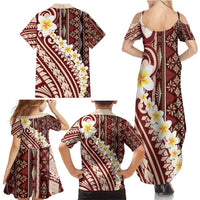 Red Vintage Tonga Ngatu Pattern With Plumeria Family Matching Summer Maxi Dress and Hawaiian Shirt - Polynesian Pride