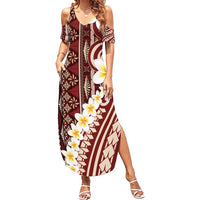 Red Vintage Tonga Ngatu Pattern With Plumeria Family Matching Summer Maxi Dress and Hawaiian Shirt - Polynesian Pride