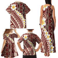 Red Vintage Tonga Ngatu Pattern With Plumeria Family Matching Tank Maxi Dress and Hawaiian Shirt - Polynesian Pride