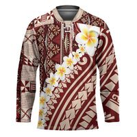 Red Vintage Tonga Ngatu Pattern With Plumeria Hockey Jersey - Polynesian Pride