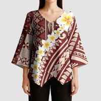 Red Vintage Tonga Ngatu Pattern With Plumeria Kimono Sleeve Blouse - Polynesian Pride
