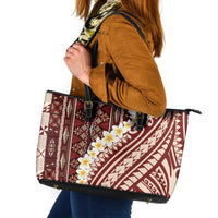 Red Vintage Tonga Ngatu Pattern With Plumeria Leather Tote Bag LT05 Red - Polynesian Pride