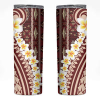 Red Vintage Tonga Ngatu Pattern With Plumeria Skinny Tumbler - Polynesian Pride