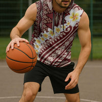 Red Vintage Tonga Ngatu Pattern With Plumeria Sleeveless Hoodie - Polynesian Pride