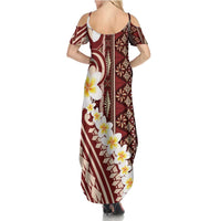 Red Vintage Tonga Ngatu Pattern With Plumeria Summer Maxi Dress - Polynesian Pride