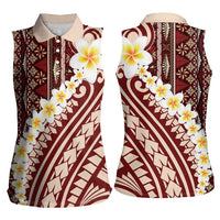 Red Vintage Tonga Ngatu Pattern With Plumeria Women Sleeveless Polo Shirt - Polynesian Pride