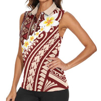 Red Vintage Tonga Ngatu Pattern With Plumeria Women Sleeveless Polo Shirt - Polynesian Pride