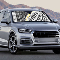 Black Vintage Tonga Ngatu Pattern With Plumeria Auto Sun Shade - Polynesian Pride