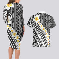 Black Vintage Tonga Ngatu Pattern With Plumeria Couples Matching Long Sleeve Bodycon Dress and Hawaiian Shirt - Polynesian Pride