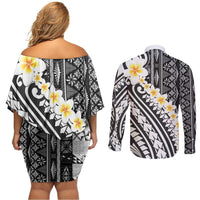 Black Vintage Tonga Ngatu Pattern With Plumeria Couples Matching Off Shoulder Short Dress and Long Sleeve Button Shirt - Polynesian Pride