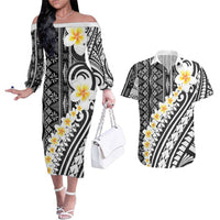 Black Vintage Tonga Ngatu Pattern With Plumeria Couples Matching Off The Shoulder Long Sleeve Dress and Hawaiian Shirt - Polynesian Pride