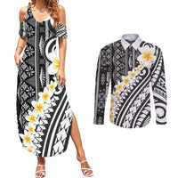 Black Vintage Tonga Ngatu Pattern With Plumeria Couples Matching Summer Maxi Dress and Long Sleeve Button Shirt - Polynesian Pride