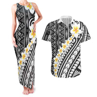 Black Vintage Tonga Ngatu Pattern With Plumeria Couples Matching Tank Maxi Dress and Hawaiian Shirt - Polynesian Pride