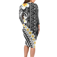 Black Vintage Tonga Ngatu Pattern With Plumeria Family Matching Long Sleeve Bodycon Dress and Hawaiian Shirt - Polynesian Pride