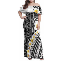 Black Vintage Tonga Ngatu Pattern With Plumeria Family Matching Off Shoulder Maxi Dress and Hawaiian Shirt - Polynesian Pride