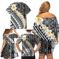Black Vintage Tonga Ngatu Pattern With Plumeria Family Matching Off Shoulder Short Dress and Hawaiian Shirt - Polynesian Pride
