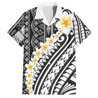 Black Vintage Tonga Ngatu Pattern With Plumeria Family Matching Off Shoulder Short Dress and Hawaiian Shirt - Polynesian Pride