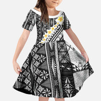 Black Vintage Tonga Ngatu Pattern With Plumeria Family Matching Puletasi and Hawaiian Shirt LT05 Daughter's Dress Black - Polynesian Pride