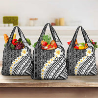 Black Vintage Tonga Ngatu Pattern With Plumeria Grocery Bag - Polynesian Pride
