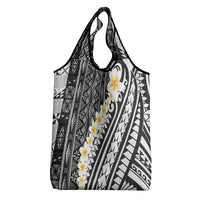 Black Vintage Tonga Ngatu Pattern With Plumeria Grocery Bag - Polynesian Pride
