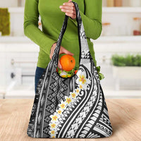 Black Vintage Tonga Ngatu Pattern With Plumeria Grocery Bag - Polynesian Pride
