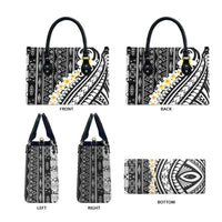 Black Vintage Tonga Ngatu Pattern With Plumeria Leather Bag - Polynesian Pride