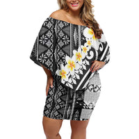 Black Vintage Tonga Ngatu Pattern With Plumeria Off Shoulder Short Dress - Polynesian Pride